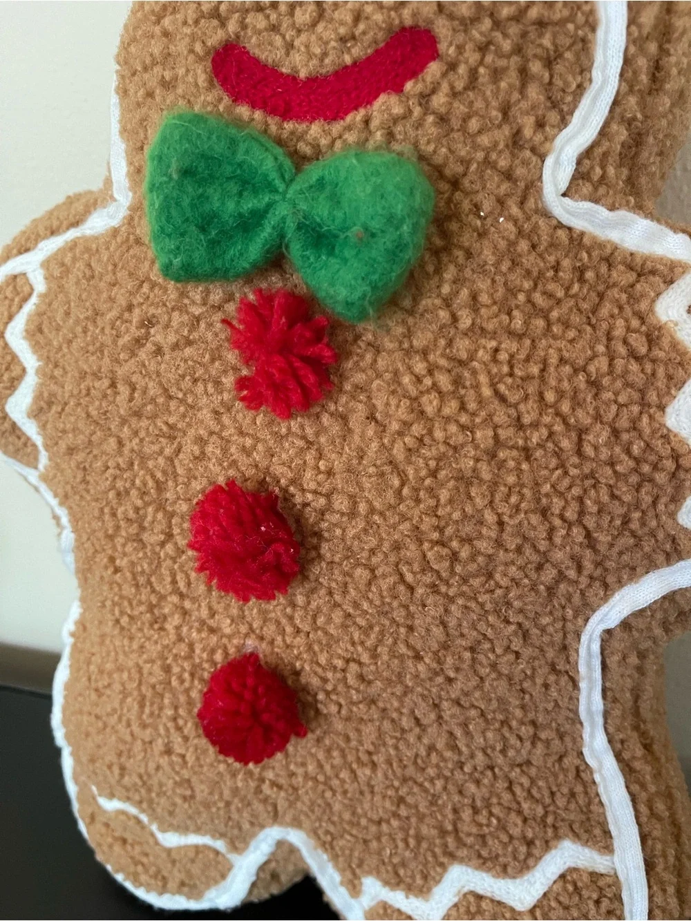 Gingerbread Holiday Pillow — Brown with Green & Red Accents